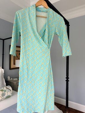 J. McLaughlin Aqua & Yellow Geometric Wrap Dress